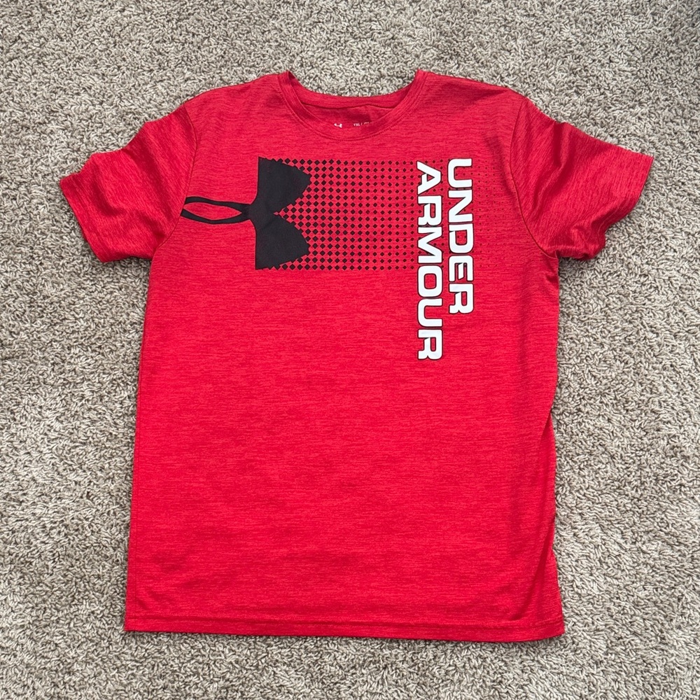 Under Armour Red Tee with Black Logo and White Vertical Text